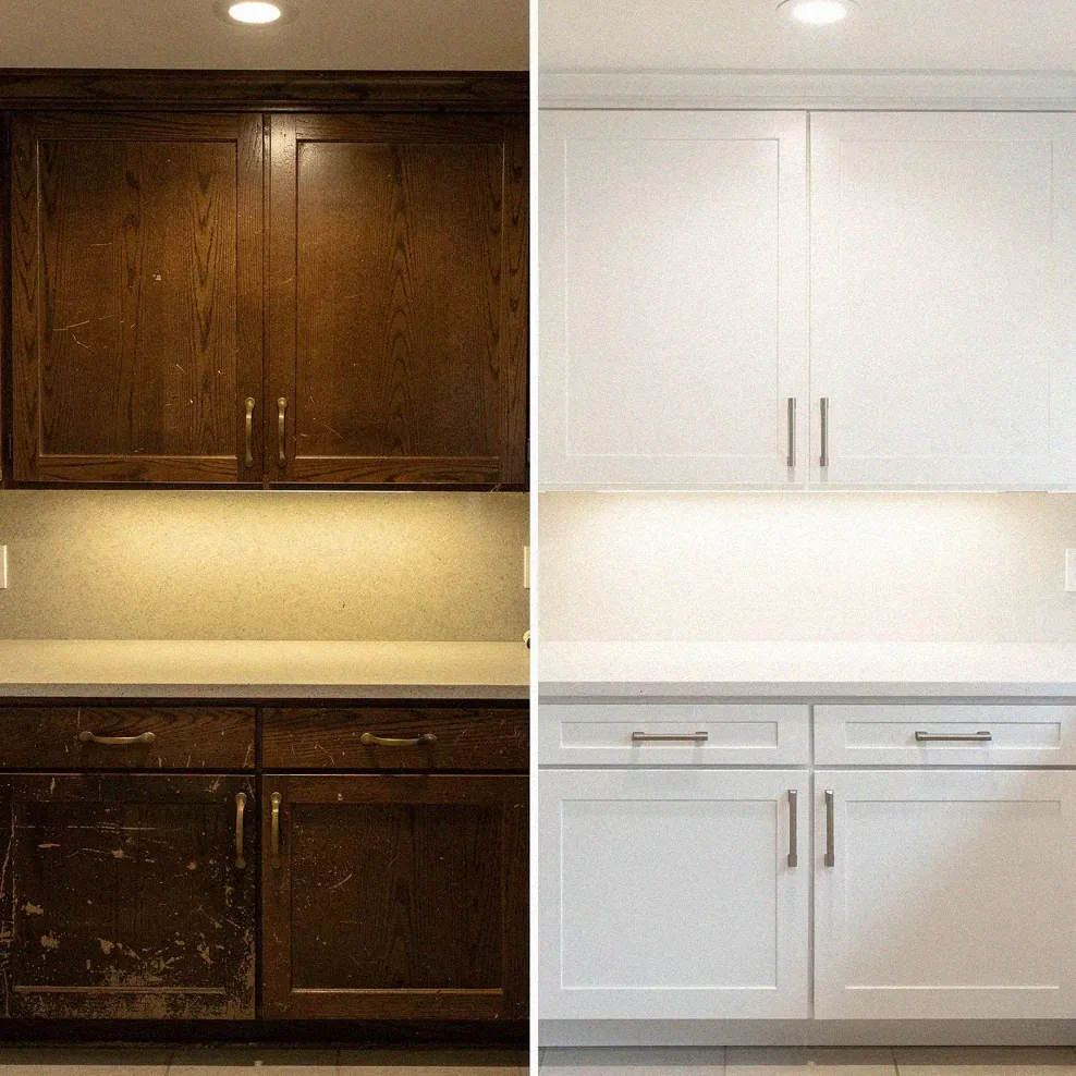 Kitchen cabinets before and after: dated dark oak on the left, freshly painted white on the right