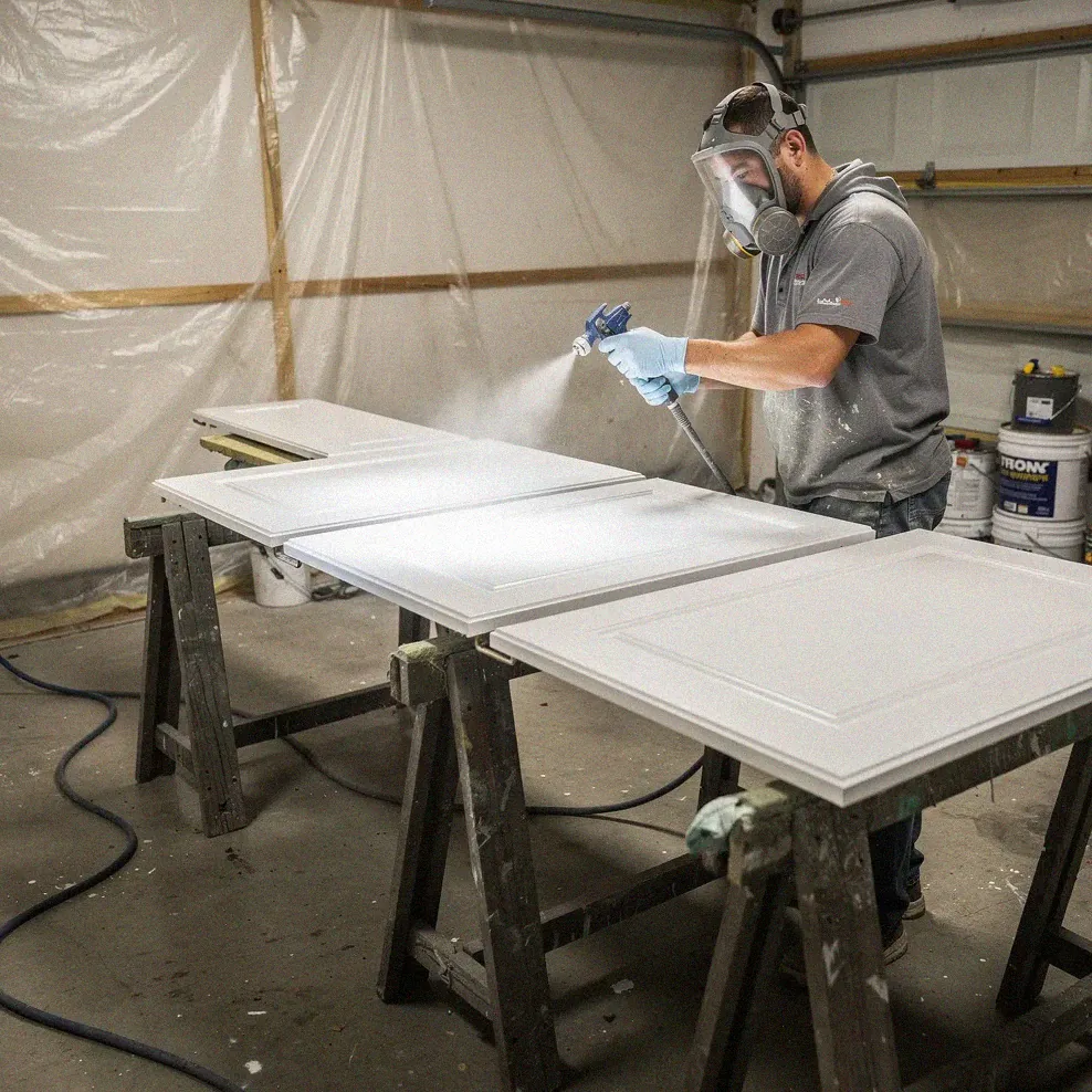 Painter spray-painting kitchen cabinet doors laid flat on sawhorses