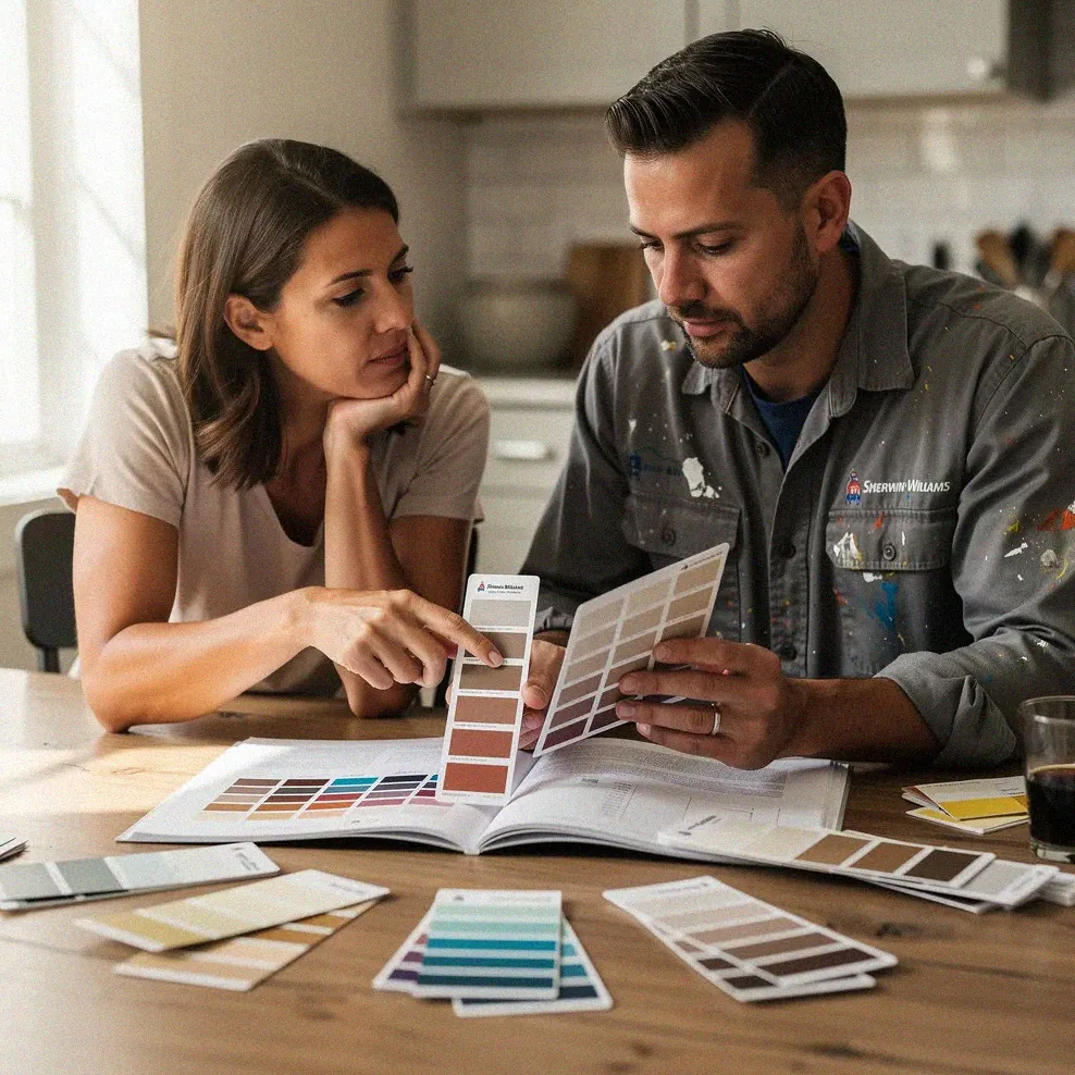 Homeowner and painter looking at a color fan deck together at a kitchen table