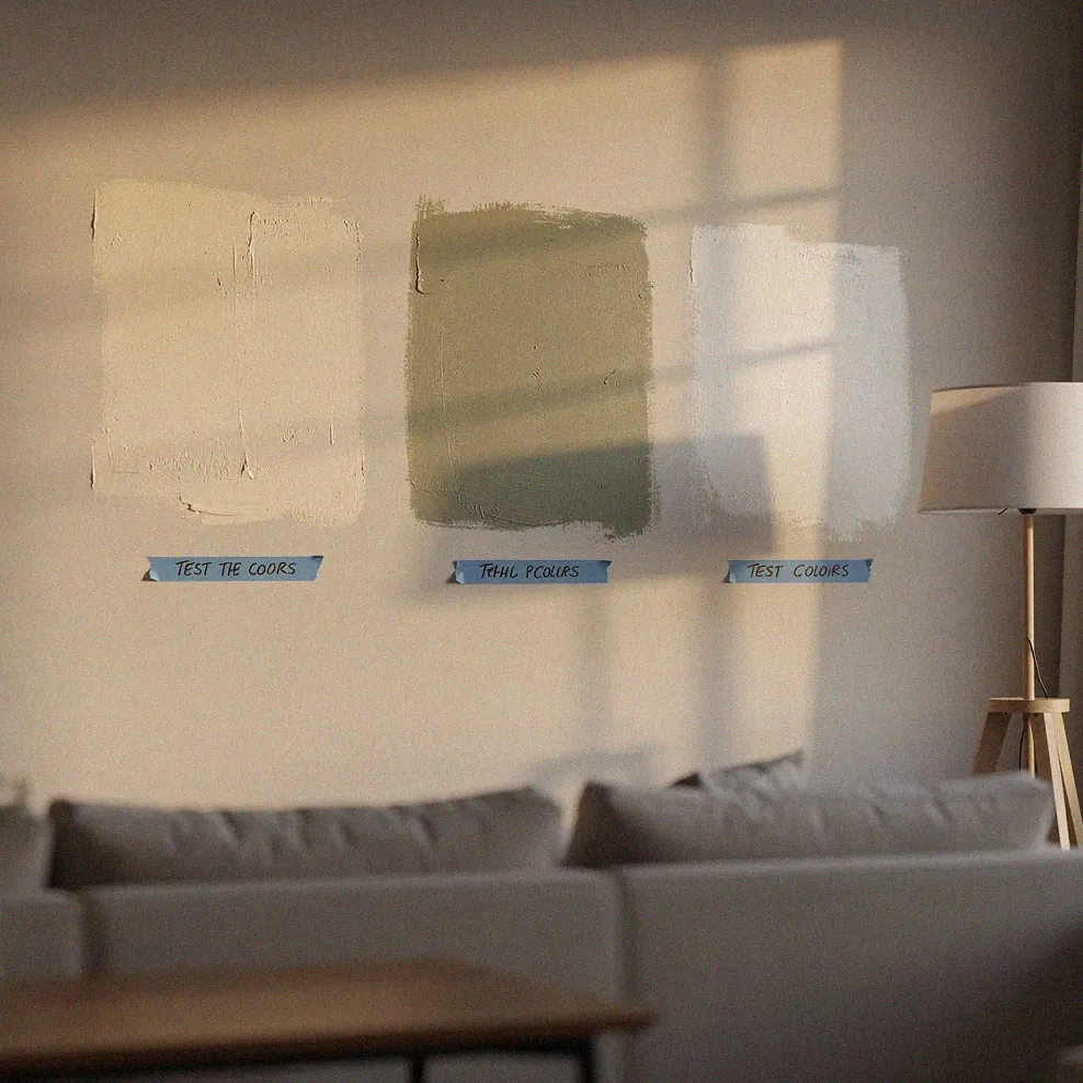 Three different paint color test patches on a living room wall