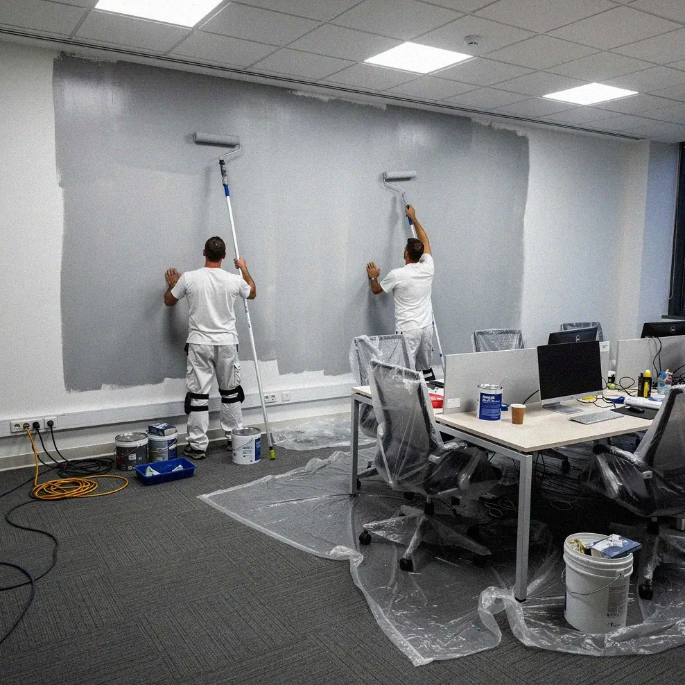 Professional painters rolling paint on an office interior wall during after-hours renovation