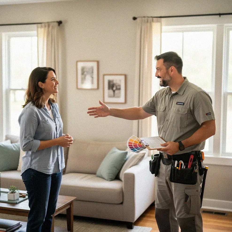 Homeowner and painting contractor having a walkthrough conversation in a living room
