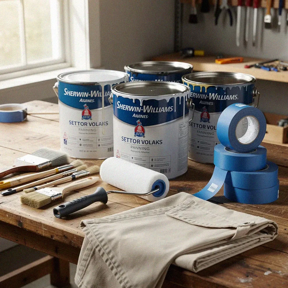 Professional painting supplies: paint cans, brushes, rollers, and tape on a workbench
