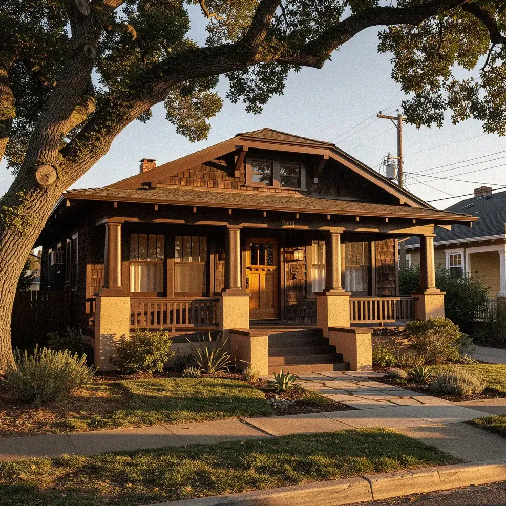 Classic Berkeley brown-shingle Craftsman bungalow with exposed rafter tails