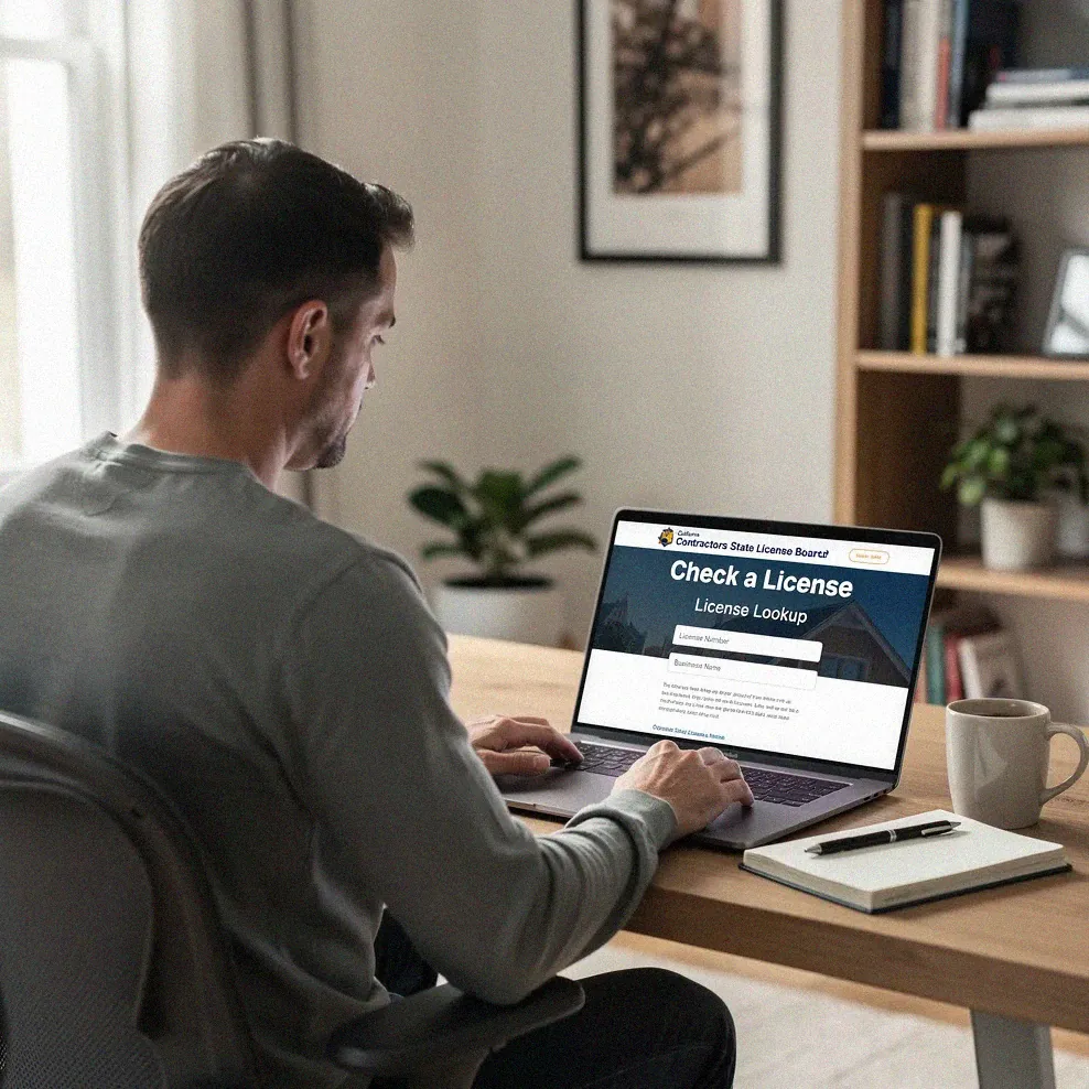 Homeowner checking a contractor license number on the California CSLB website