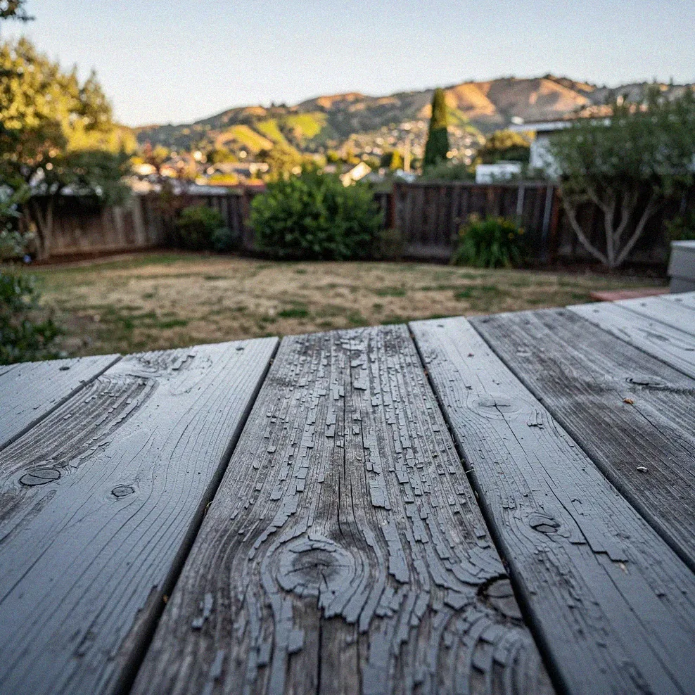 Weathered gray wooden deck showing natural aging from sun and weather