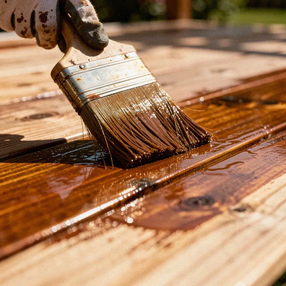 Applying semi-transparent deck stain to wooden deck boards with a wide brush