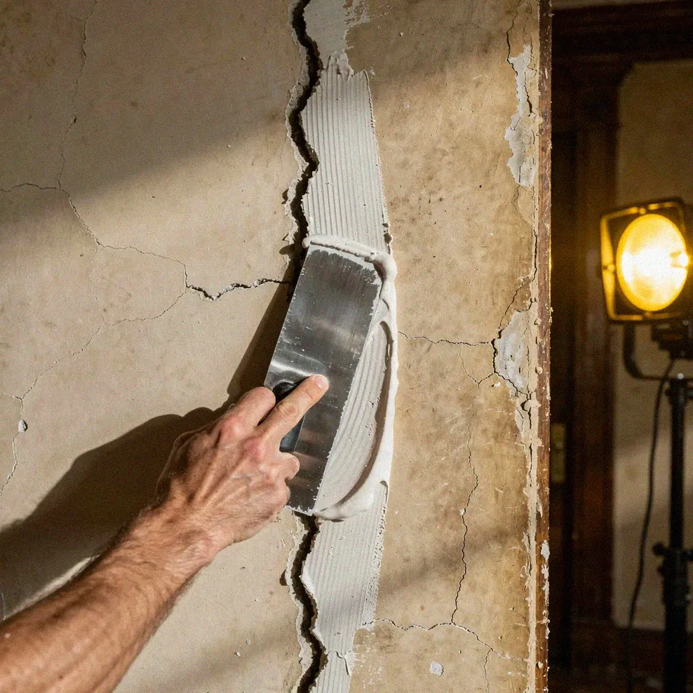 Plasterer applying joint compound over a wall crack in a 1920s home