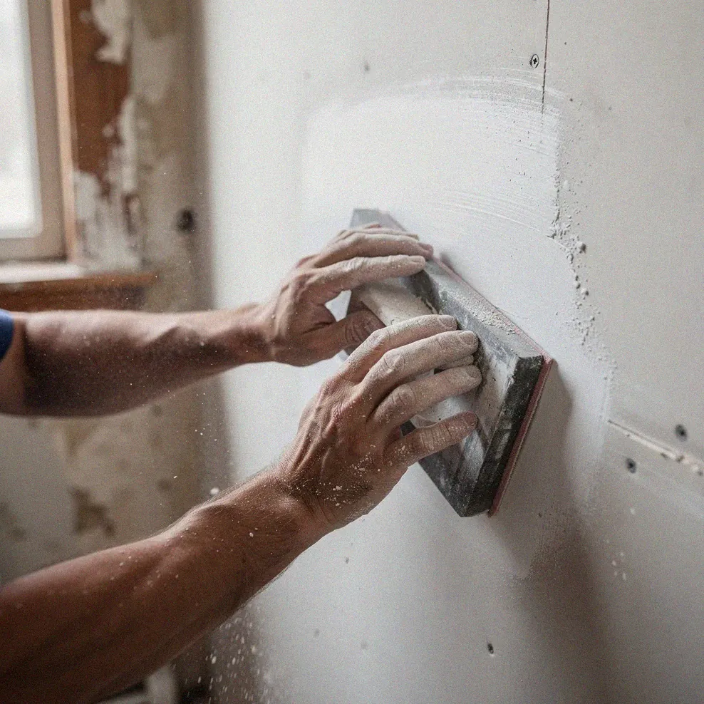 Contractor sanding a fresh drywall patch smooth with a sanding block
