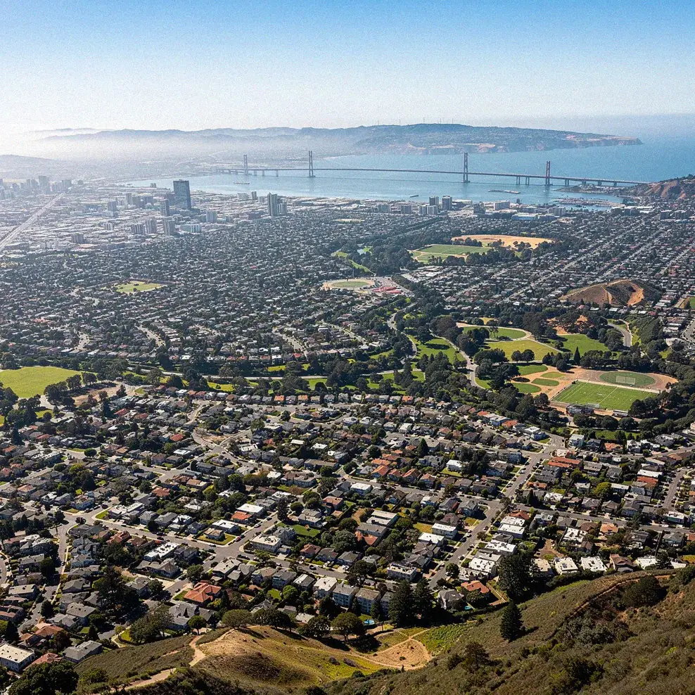 Aerial view of the East Bay looking from Berkeley Hills toward Oakland and the Bay Bridge