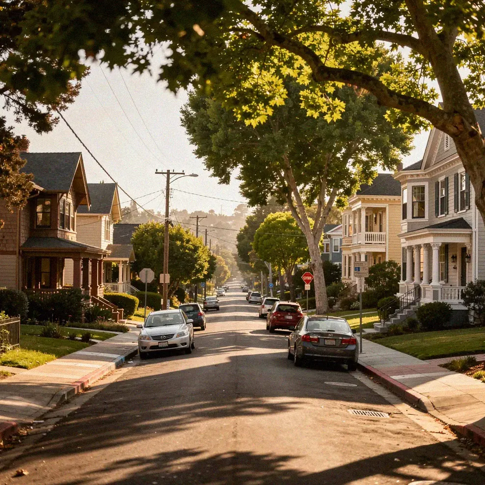 Tree-lined residential street in the Elmwood neighborhood of Berkeley