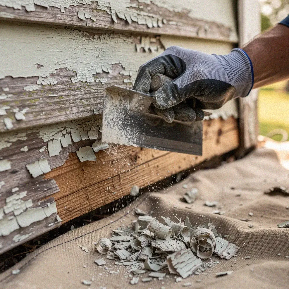 Painter scraping flaking paint from wood siding on an older home