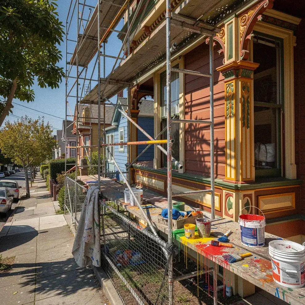 Scaffolding along a Victorian home being repainted on a Berkeley residential street