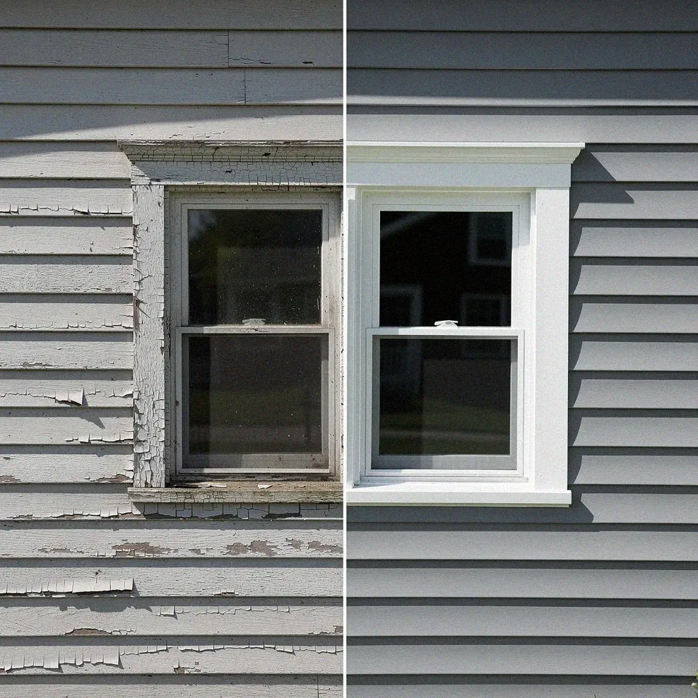 Same house section showing faded old paint next to fresh vibrant paint