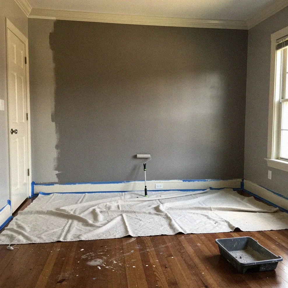 Half-painted living room showing fresh paint on one wall and the old color on the adjacent wall