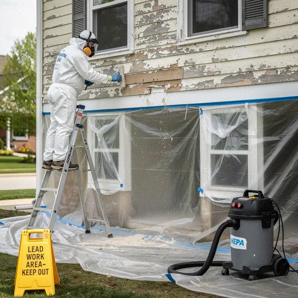 EPA lead-safe containment setup with plastic sheeting and contractor in protective suit