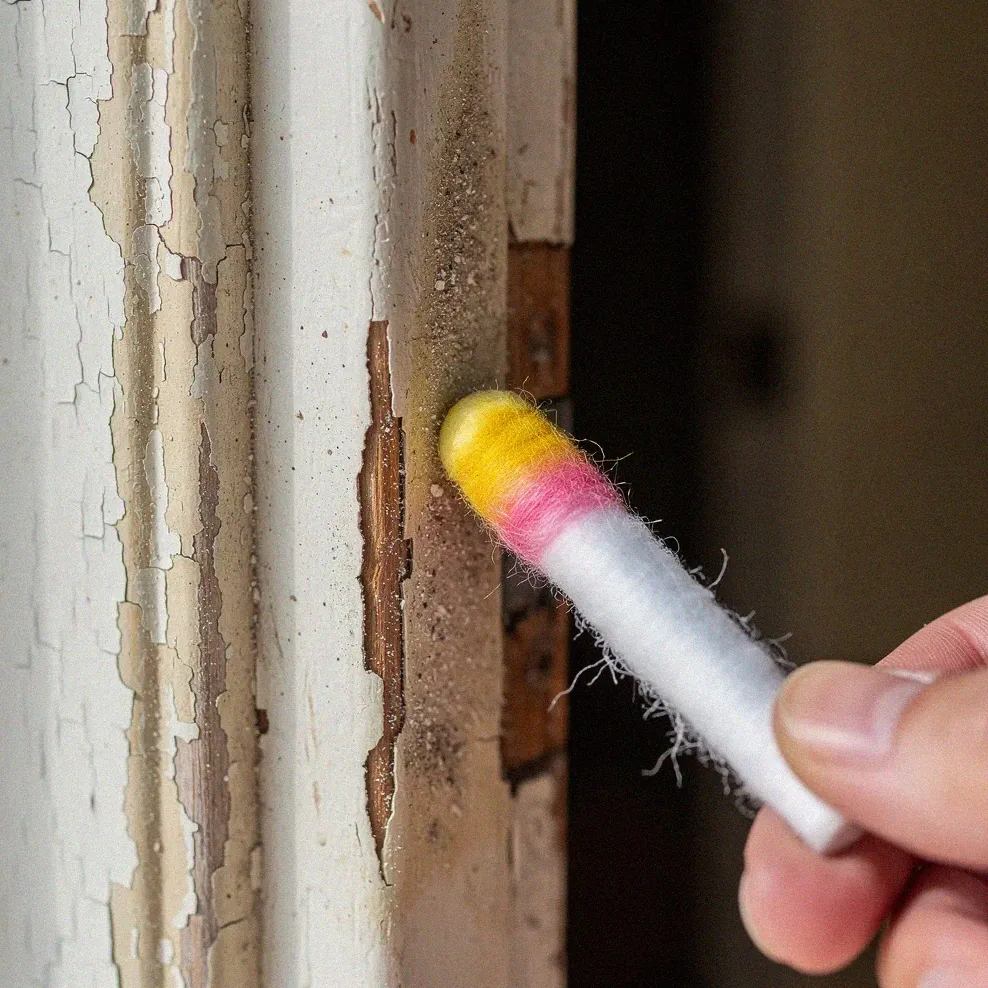 Lead paint test swab being applied to a door frame in an older home