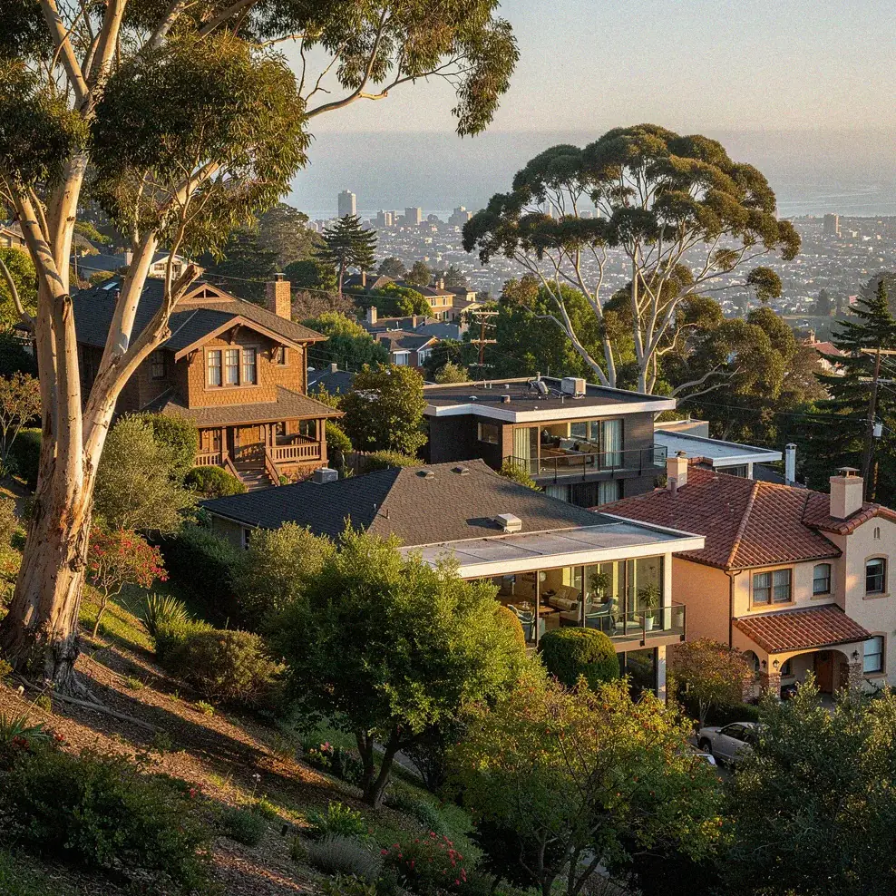 Hillside view of North Berkeley homes with the Bay visible in the distance