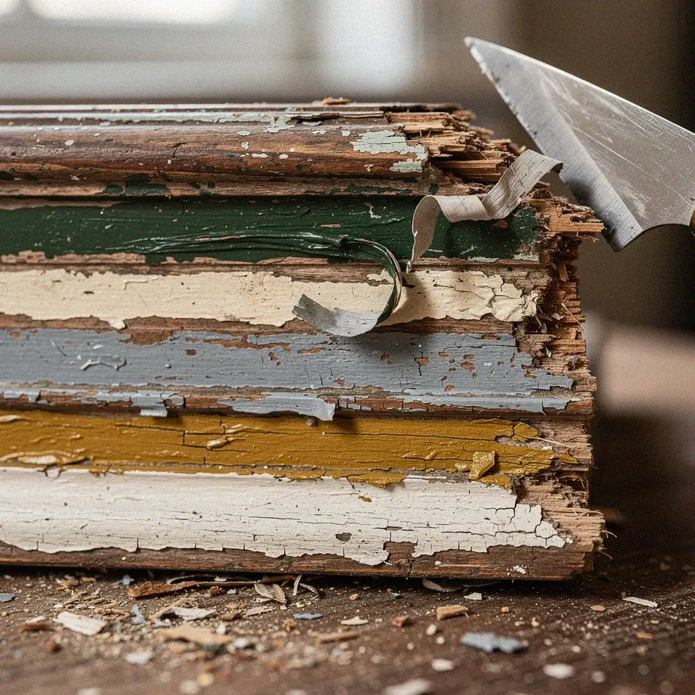 Cross-section of multiple paint layers on old wood trim being scraped