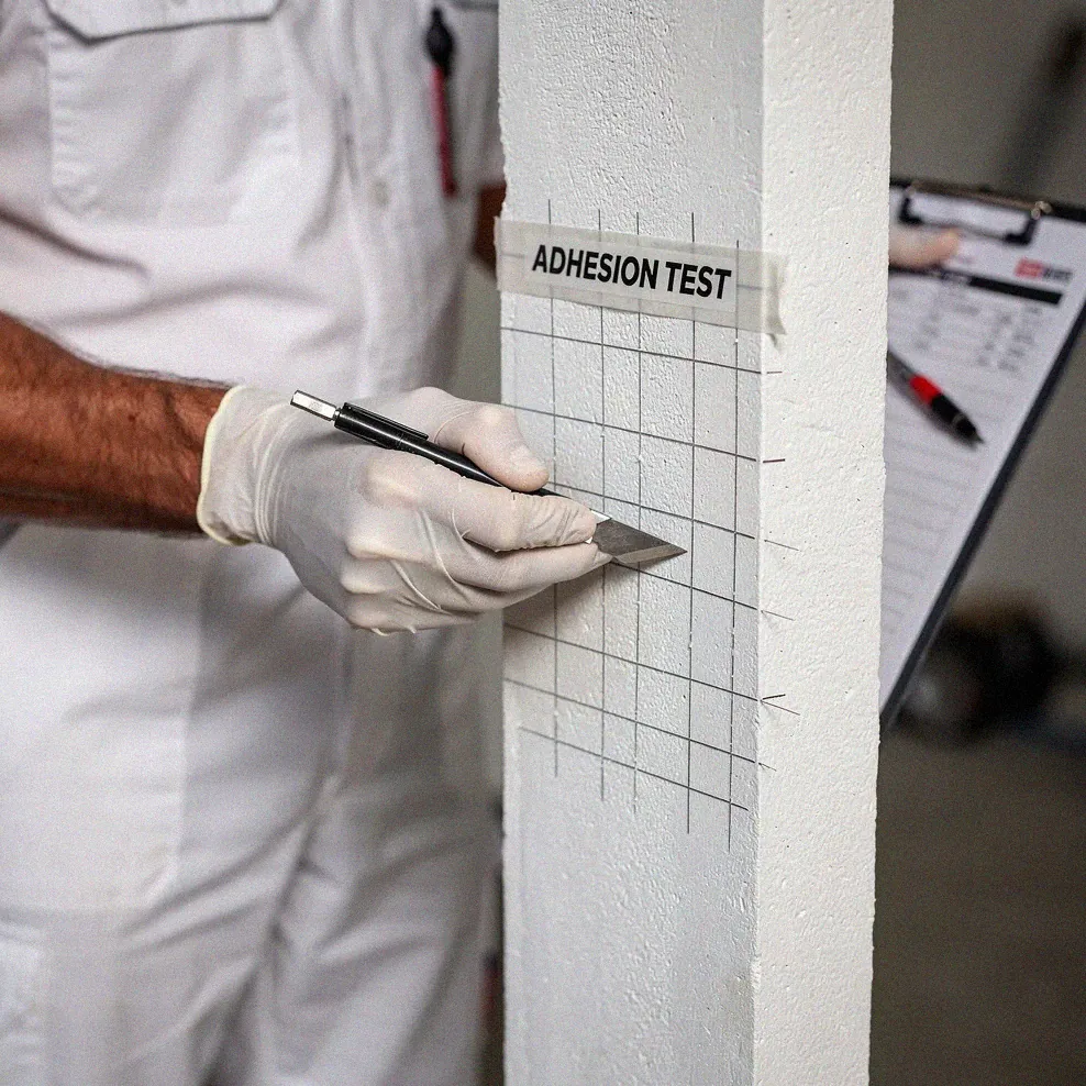 Painter performing a cross-hatch adhesion test on a painted surface