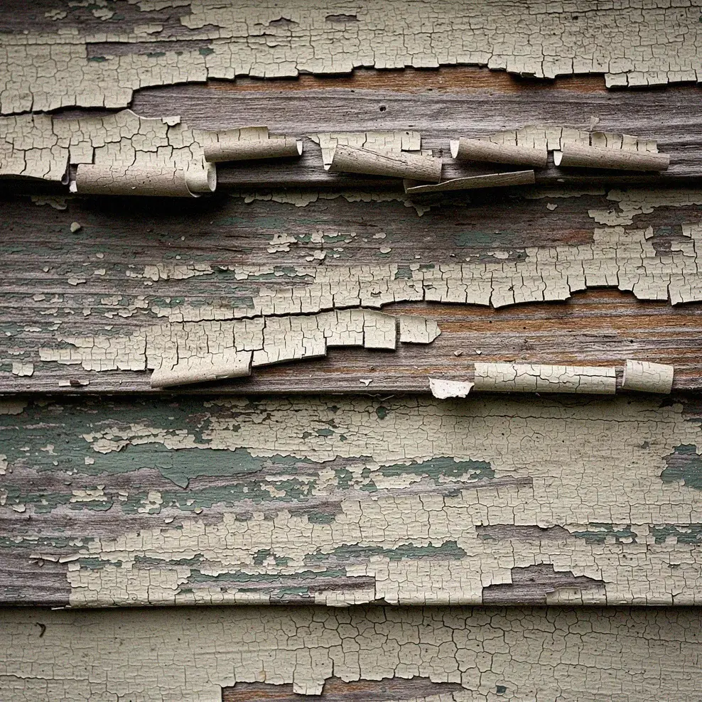Peeling and cracking paint on an older home's exterior wood siding