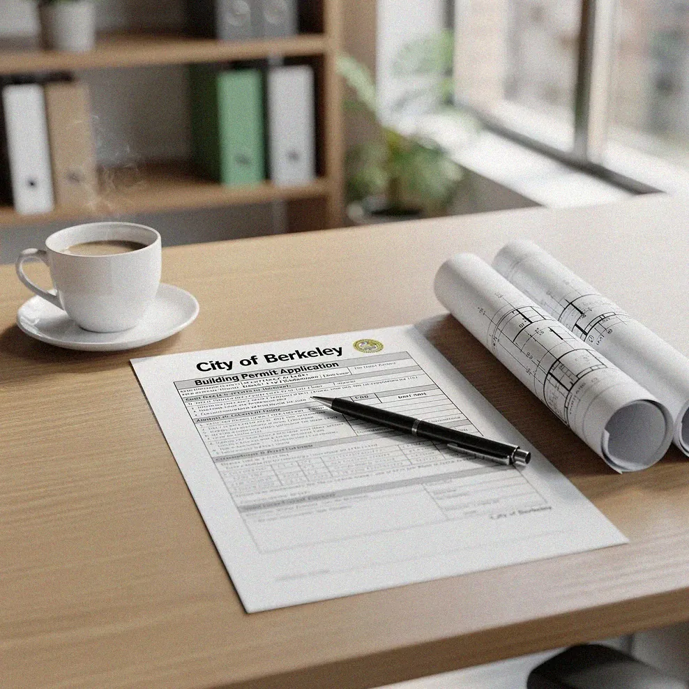 Building permit application on a desk next to architectural plans