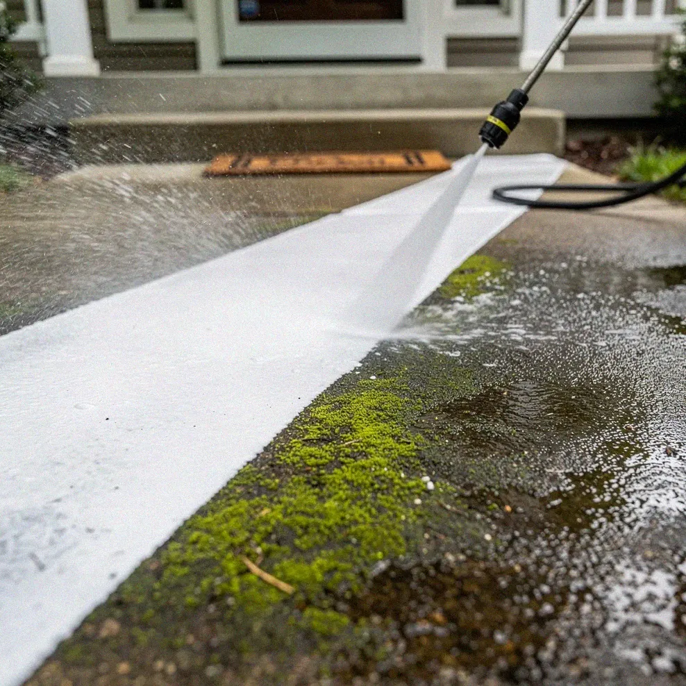 Power washing a concrete walkway with a clean stripe visible