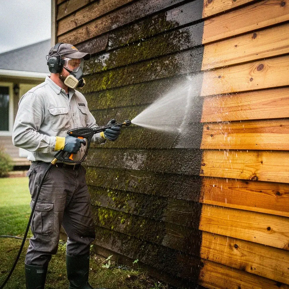 Power washing wood siding showing clean versus dirty sections