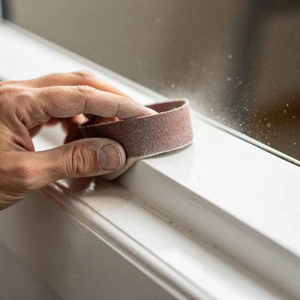 Meticulous surface preparation: sanding between coats on a window frame