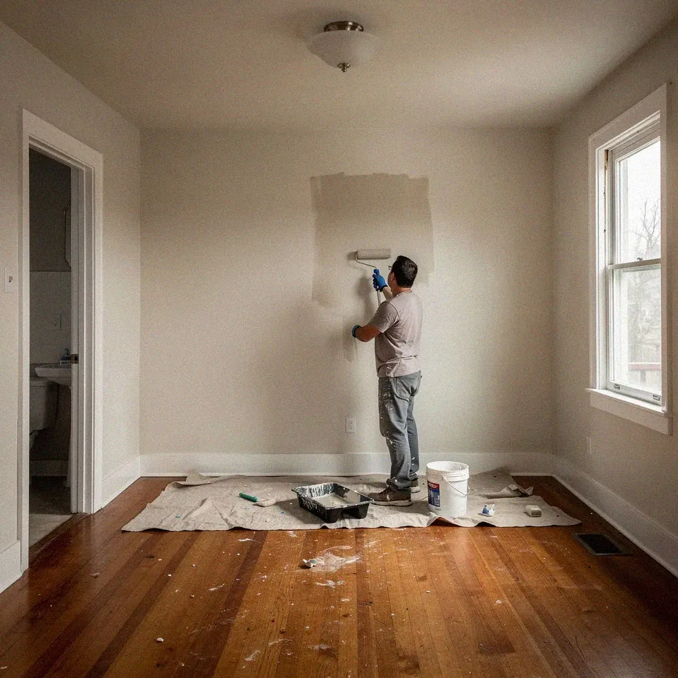 Painter rolling neutral-toned paint on the walls of an empty apartment unit