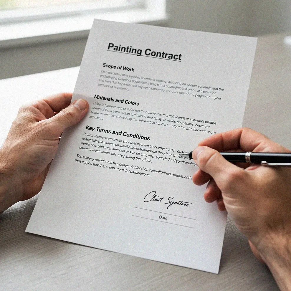 Hands reviewing a painting contract document at a table with pen ready