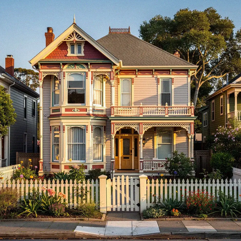 Victorian cottage with ornate gingerbread woodwork painted in complementary colors