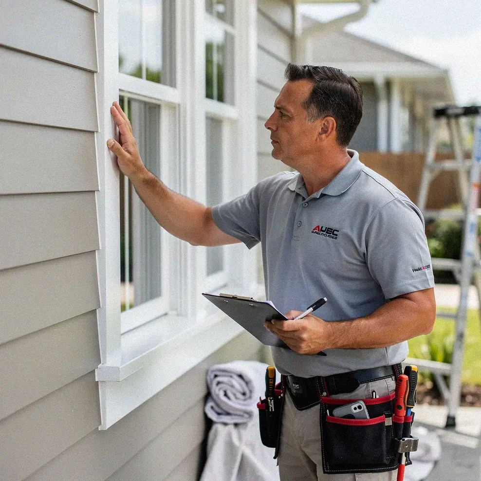 Painting contractor inspecting completed exterior work on a home